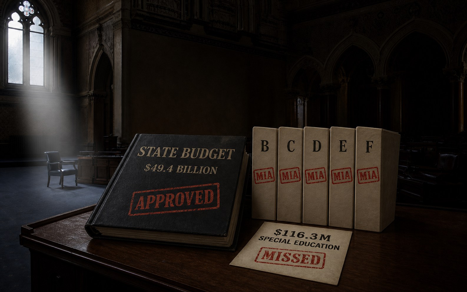 Evidence graphic showing the state budget, five missed schedules, and the special-education amendment